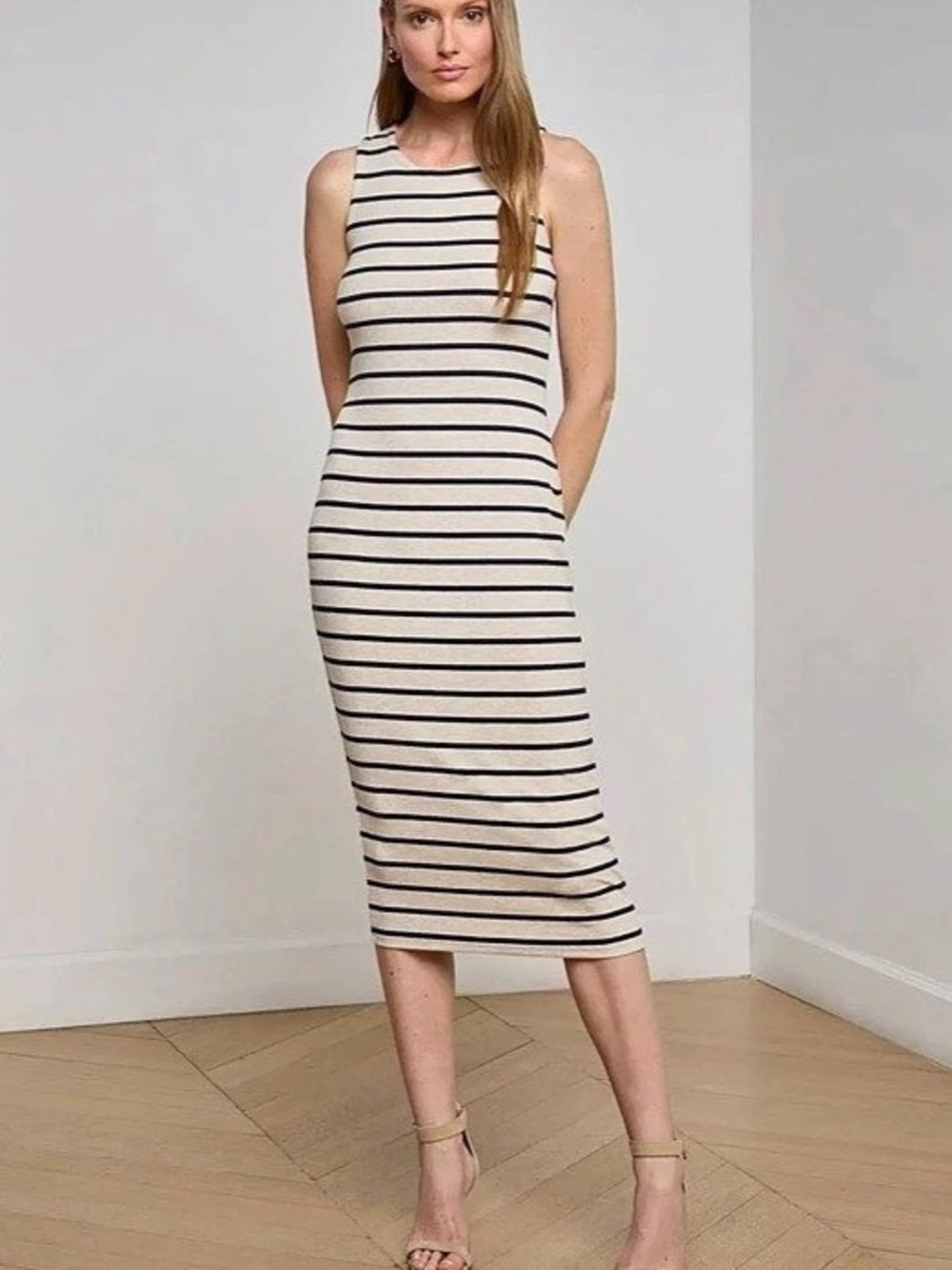 NWT 🌺 L'AGENCE Striped Midi Bodycon Dress in Cream & Blue size XL